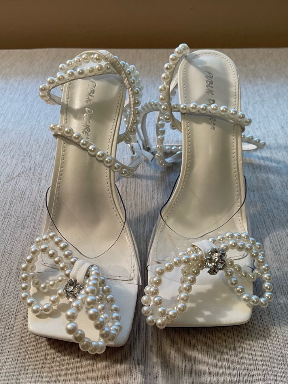 Public Desire White Pearl-Embellished Strappy Heels